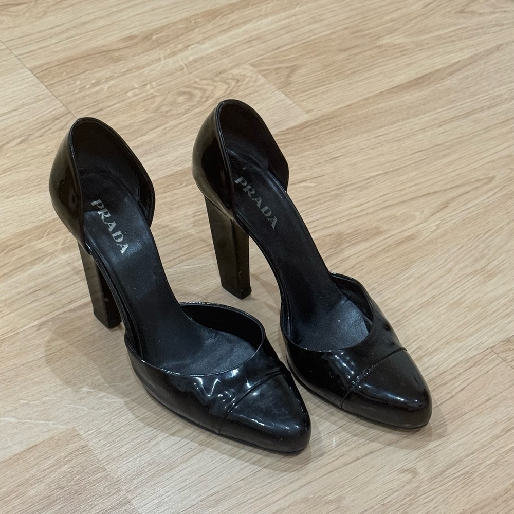Prada Peep Toe Pumps – Black Patent Leather, Size 8.5